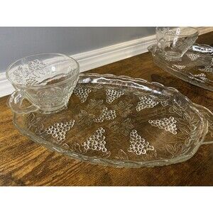 Vintage Anchor Hocking Glass Serving Snack Trays With Tea Cup And Grape Pattern